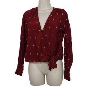 J Crew Burgundy Red Wrap Printed Silk Blouse Top Women Size XS Long Sleeve